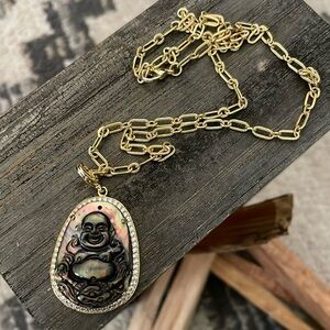 Black mother of pearl and zircon buddha charm with lobster claw clasp and chain